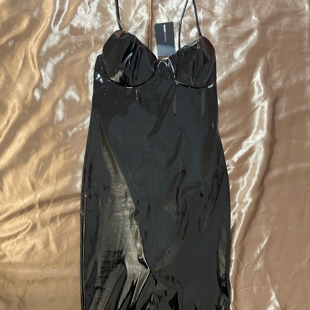 Spaghetti strap black faux Leather. Skin tight dress